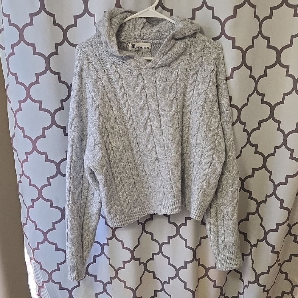 No Boundaries Light Gray Cable-Knit Cowl Hoodie Sweater